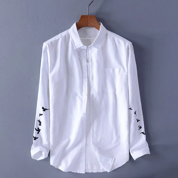 Новинка, хлопковая и Льняная мужская Повседневная рубашка, модная рубашка с вышивкой, мужская белая рубашка с длинным рукавом, мужские брендовые топы, сорочка - Цвет: white