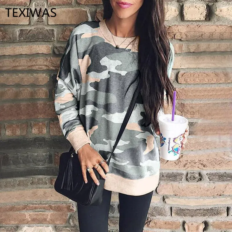 

TEXIWAS Spring Camouflage loose Crop top Plus size pullover sweatshirt women Hoodie Sweatshirt lady Print tracksuit Streetwear