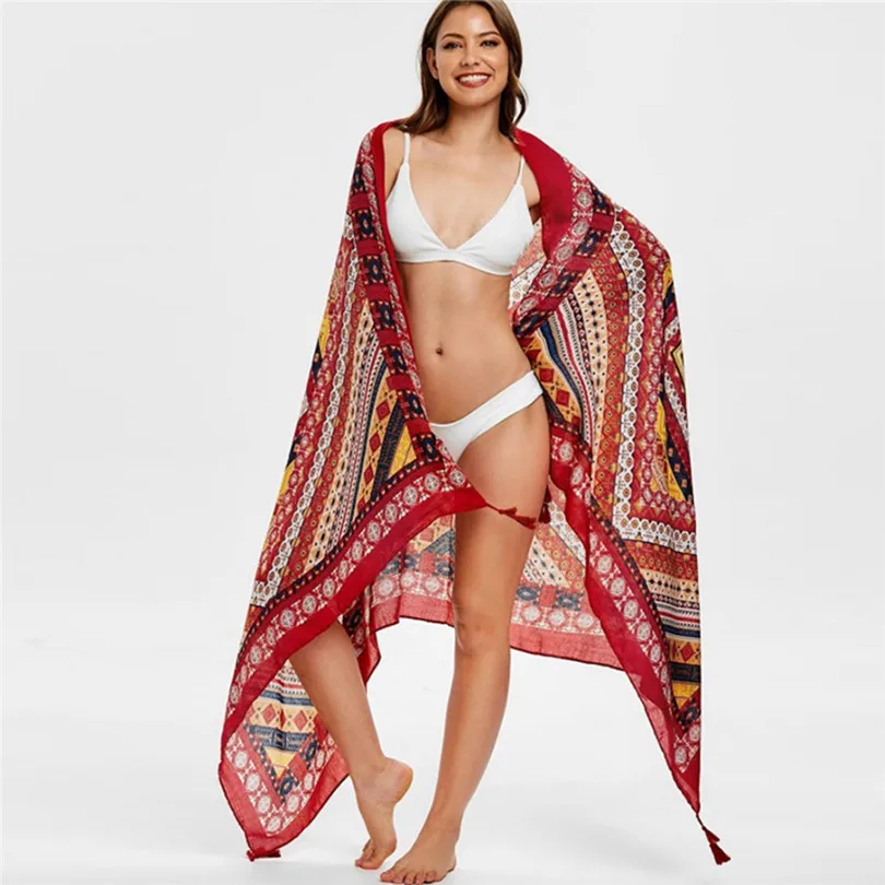 New Summer Women Beach Skirts 2019 Long Hippie Flowers Printed Elastic Waist Beach Towel Cloak Skirt #E11 (9)