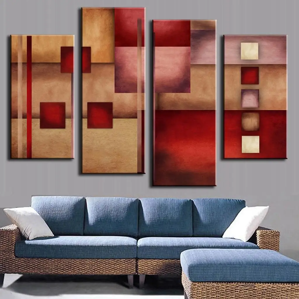 4 PCS/ Set Abstract Canvas Painting Modern Red Beige Lattice Canvas