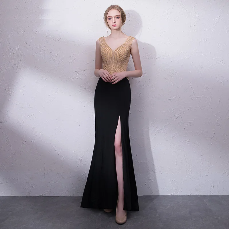 

Elegant Black V-neck Gold Beading Robe De Soiree Sexy Side Split Backless Mermaid Formal Long Evening Dresses 2019 Party Gowns