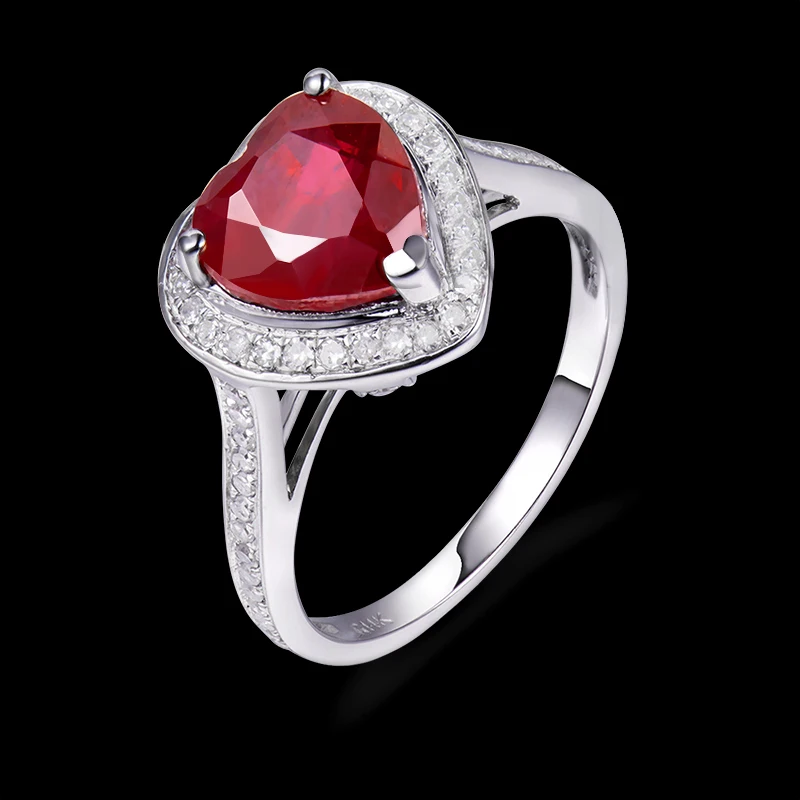 100% натуральная романтический 8x8 мм рубин в форме сердца кольцо с 14 к однотонные белые Золотая инкрустация Кольца алмазами для женщин