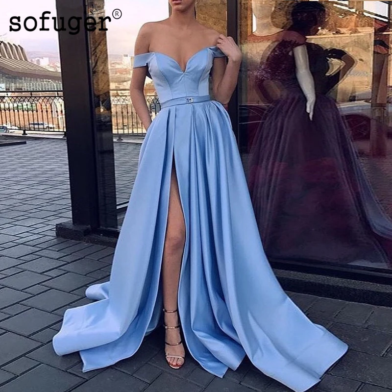 

Blue Muslim Evening Dresses 2019 A-line V-neck Off The Shoulder Slit Sexy Islamic Dubai Saudi Arabic Long Elegant Evening Gown