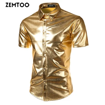 

Nightclub Styles Men's Metallic Gold Short Sleeve Dress Shirts