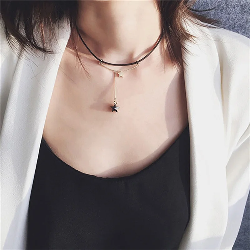 

New Women Crystal Pentagram Stars Short Necklace Chain Necklace Clavicle Chain