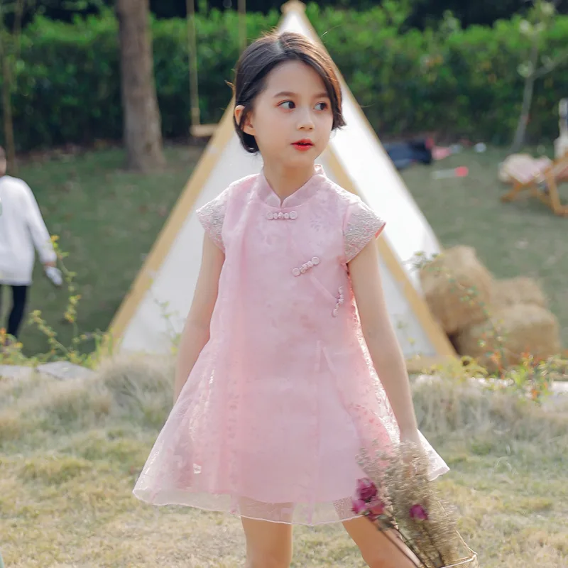 

Elegant Girls Summer Clothes Cheongsam Chinese Style Folk National Clothes Mesh Lace Decoration Dress Teenage Girls