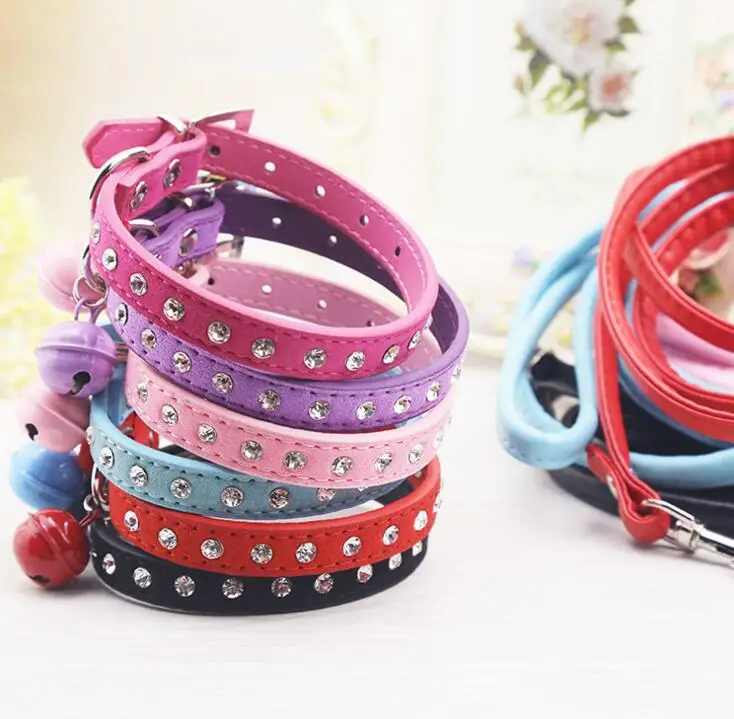 

Dog Pet Cat Leash+Collar With Small Bell Adjustable Puppy Necklace with Shining Rhinestone Pet Walking Lead for small dog cat