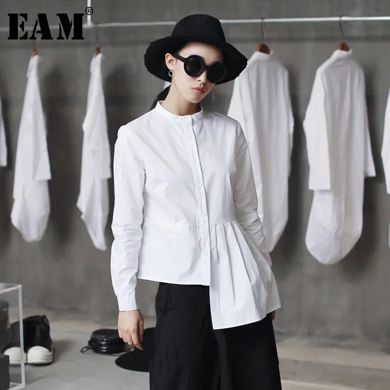 

[EAM] High Quality 2019 Spring Hem Folds Spliced Irregular Slim Casual Long Sleeve O-neck Shirt Fashion New Women Blouse LA315