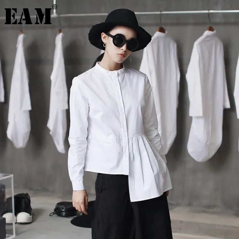  [EAM] High Quality 2020 Spring Hem Folds Spliced Irregular Slim Casual Long Sleeve O-neck Shirt Fas