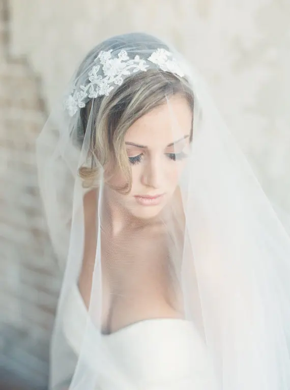 

New style Ivory wedding veil 2 layers hand made lace veil veu de noiva longo