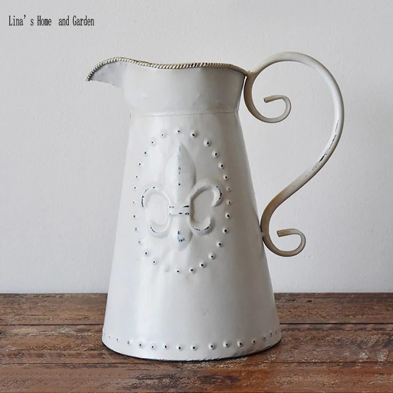 handmade white retro vintage metal watering can flower vase (5)