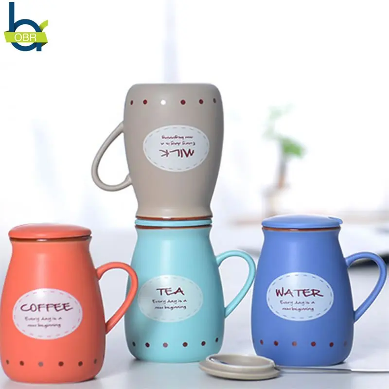 Best OBR 400ml Ceramics Coffee Mug Tea Milk Cup Cute Mugs With Lid And Spoon Creative Novelty Gifts Drinkware