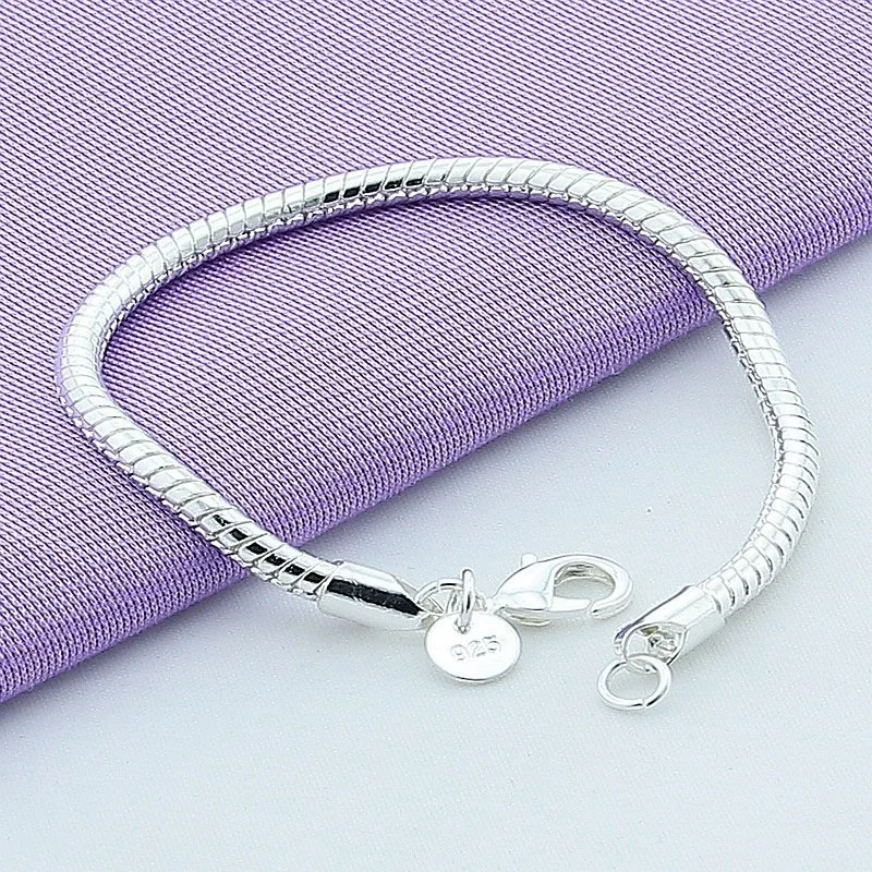 

Simple Fashion Women's Pretty 3mm 925 Sterling Silver Stamped Snake Chain Bangle Bracelets Holiday Gifts
