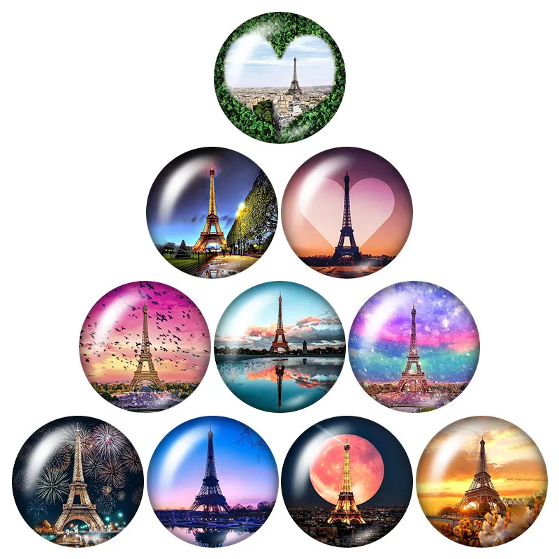 

New Love Eiffel Tower scenery 10pcs mixed 12mm/16mm/18mm/25mm Round photo glass cabochon demo flat back Making findings ZB1010