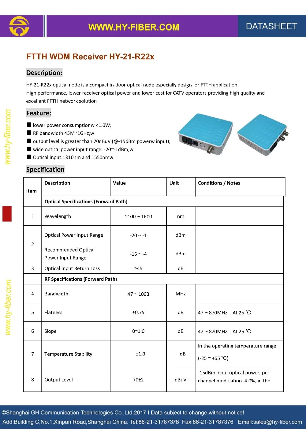 FTTH WDM Receiver HY-21-R22x__1