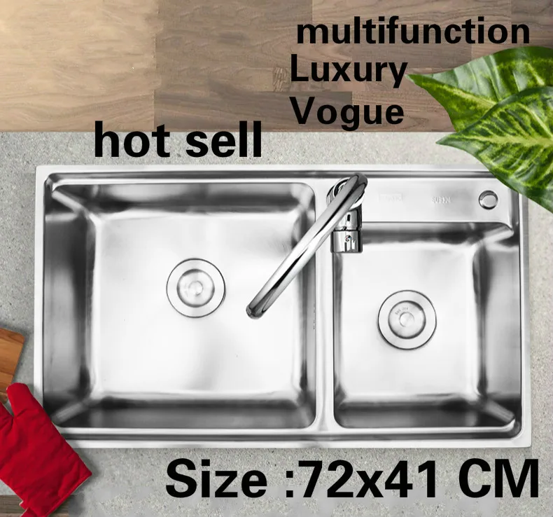 

Free shipping Apartment luxury kitchen double groove sink multifunction wash vegetables 304 stainless steel hot sell 720x410 MM