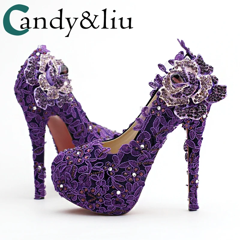 Для женщин Насосы Женские туфли Леди Круглый носок фиолетовый кристалл цветок алмаз невесты на высоком каблуке Свадебная вечеринка сцены