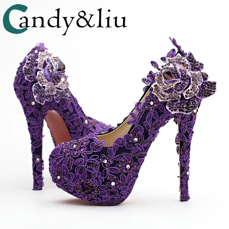 

Women's Pumps Female Shoes Lady Round Toe Purple Crystal Flower Diamond Bride High Heels For Wedding Party Stage Performance