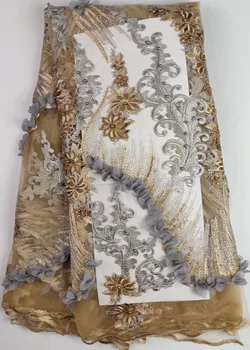 

5yards latest lace fabric 2019 gold african french lace fabric with beads high quality nigerian lace fabrics for dress WH-B14