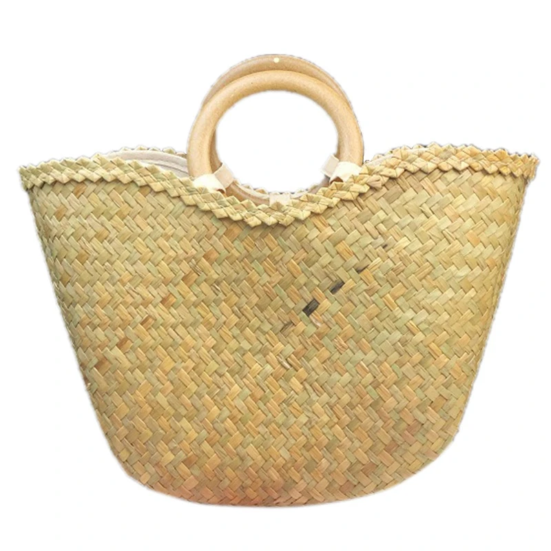 

Straw Bag For Women Handmade Woven Beach Tote Bag With Wooden Handle New Fashion Holiday Handbag Large Capacity