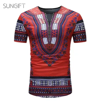 

SUNGIFT African Men's Top Traditional Clothing Dashik Pattern Round Neck Print Short Sleeve Men Top Summer Newest Trends For Men