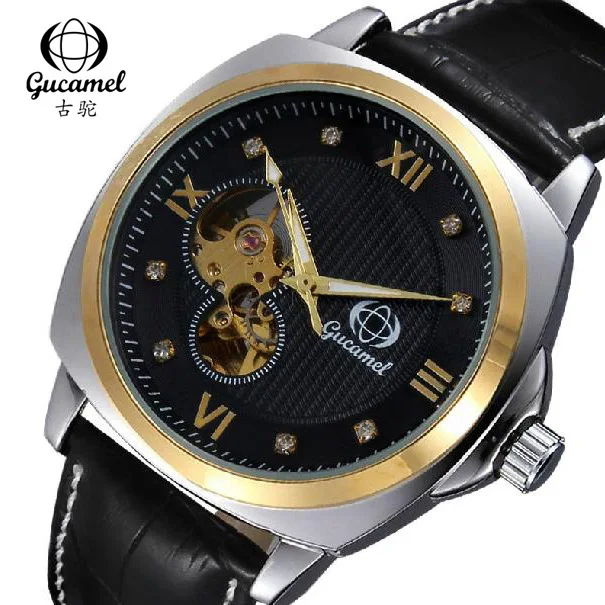 GUCAMEL Fashion Luxury Hollow Mens Watch Genuine Leather Strap Perspective Cover Waterproof Male Wristwatch Roman Numerals Clock (11)