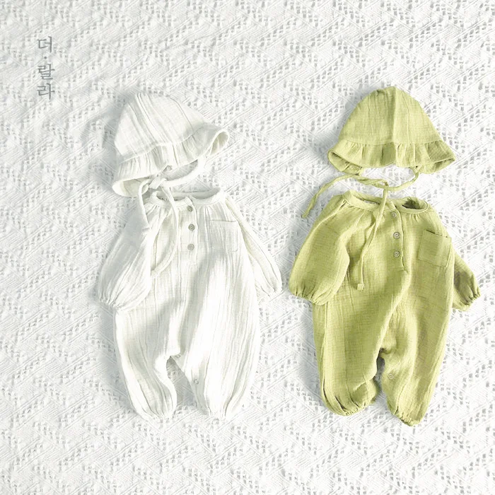 

Korean Fashion Casual Baby Girls Boys Linen Rompers Free Hat Atumn Clothings