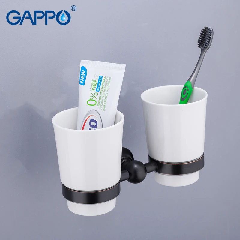 

GAPPO Cup Tumbler Holders Double Toothbrush Tooth Cup Holder Cups Wall-mount Bathroom Accessories Black Bathroom Hardware Set