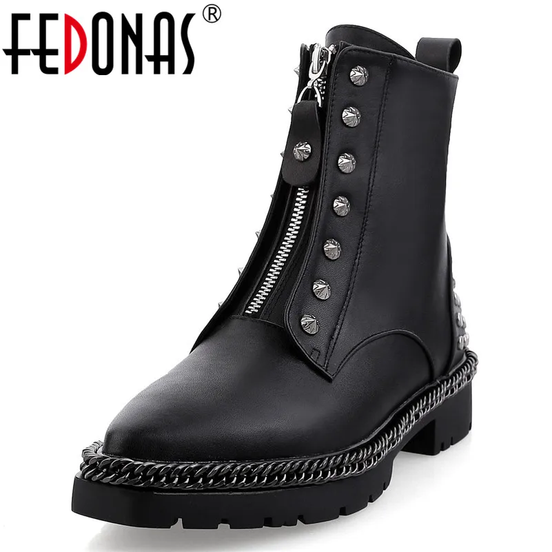 

FEDONAS Punk Rivets Women Ankle Boots Genuine Leather Rock Night Club Party Shoes Woman High Heels Warm Basic Boots