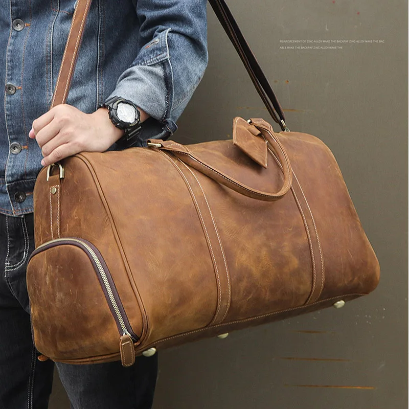 

Big Capacity Men Travel Duffel Vintage Crazy Horse Genuine Leather Travel Bag Cow Leather Luggage Weekend Large shoulder bag