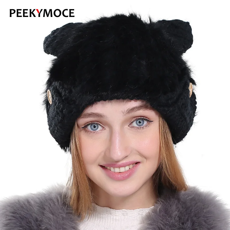 Peekymoce/Новинка; дизайнерские шапки для женщин и девочек; сезон осень-зима; шапка из натурального меха норки; шапка для женщин с милыми кошачьими ушками; плотная вязаная шапка