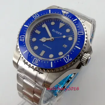 

44mm Bliger Blue dial ceramic bezel Luminous Hands SS Case Date 2019 Newest Top brand Luxury Automatic Mechanical men's Watch