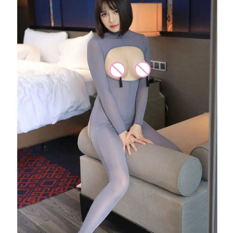  Sexy Women Hollow Out Milk Ice Silk Shaping Bodysuit Open Crotch Bust Shiny Transparent Catsuit Plu