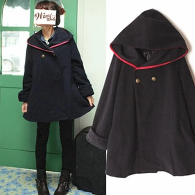 

Autumn women preppy style wool cloak woolen coat outerwear hooded preppy style student girls cape style loose long blends