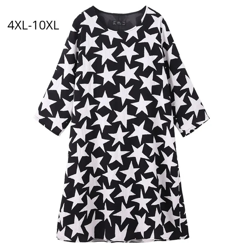 

Plus Size 10XL 9XL 8XL 4XL Women Spring Long Sleeves Dresses Vintage Black White Big Five Star Printed Loose Dress For Ladies