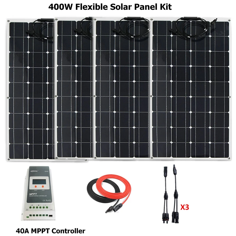 

COMPLETE SOLAR KIT 400W Solar Panel Cells Flexible Solar Cell off grid+40A MPPT solar controller+solar cable +MC4 Connector