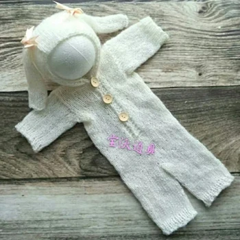 

Newborn Hooded Romper Outfit Knitted baby Bunny romper Hat Full set Newborn Crochet Animal Hat Photography Prop