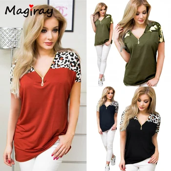 

Magiray Zipper V Neck T Shirt Women 2020 Summer Sexy Leopard Camo Spliced Tee Tshirt Tunic Loose Streetwear Casual Female Tops