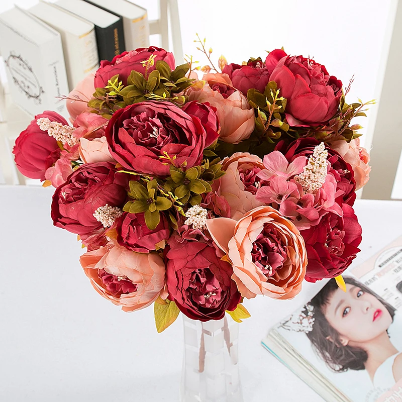 

13 Pcs / Bouquet Artificial Flowers Wall Desk Decor Rose Silk Fake Flower Plastic Branch Wedding Party Office Home Decoration