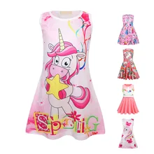 Разноцветное платье с единорогом для девочек; детская летняя повседневная одежда; Детский сарафан с принтом для дня рождения; наряд; платья принцессы для девочек