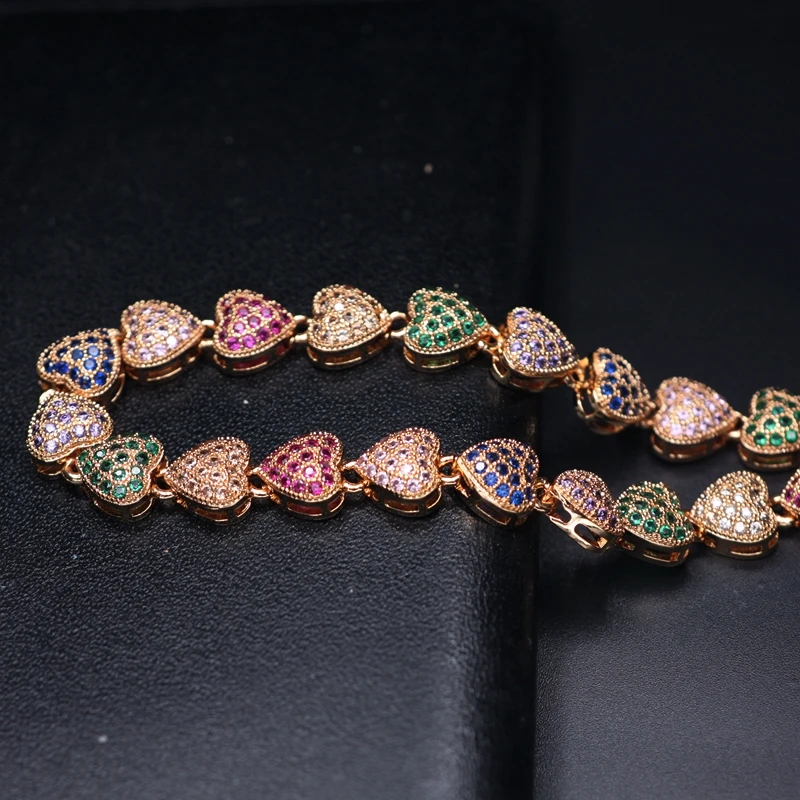 Роскошный браслет в форме сердца, полностью проложенный цветным кубическим цирконием золотого/серебристого цвета бохо, браслеты для женщин, вечерние ювелирные изделия