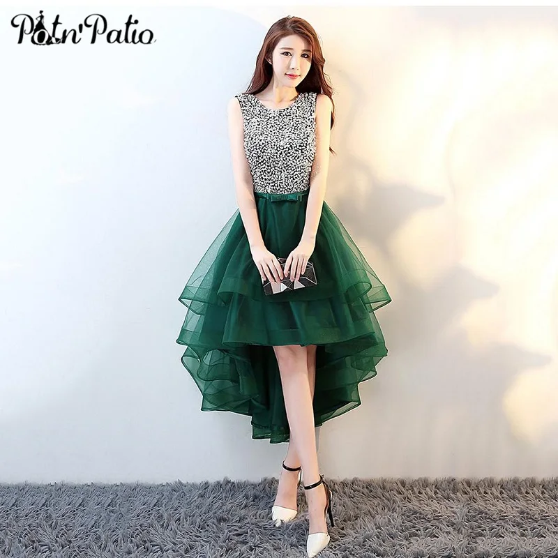 

Elegant Crystal High Low Tulle Prom Dresses Sexy Sleeveless Back Beaded Sequin Evening Gown Short Front Long Back Formal Dress