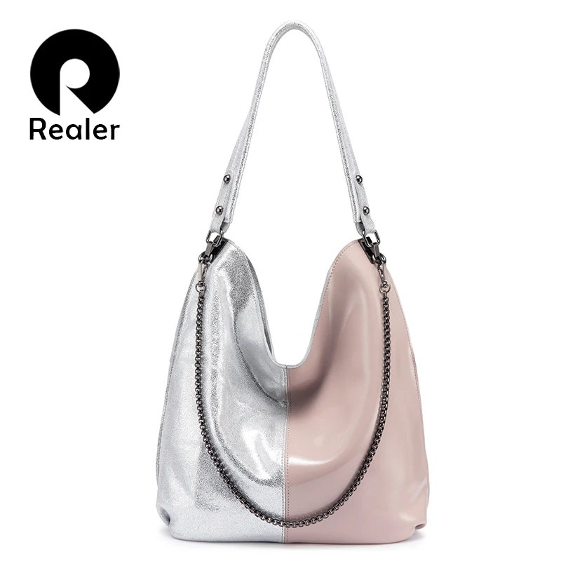 

REALER genuine leather Hobo bag women shoulder bag tote Patchwork handbag ladies large capacity bags designer hand bag female