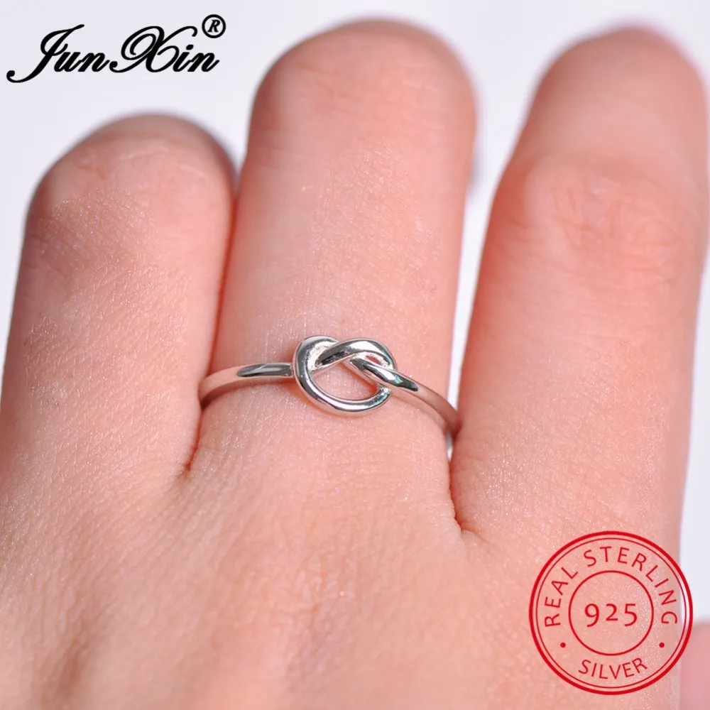 JUNXIN Minimalist Heart Knot Finger Ring Real 925 Sterling Silver Rings For Women Promise Wedding Jewelry Valentine's Day Gift
