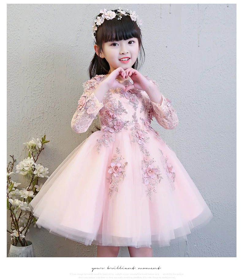 Glizt/Розовые Свадебные платья для девочек; кружевные вечерние платья принцессы с длинными рукавами и аппликацией из бисера; платье для первого причастия; платье с цветочным узором для девочек