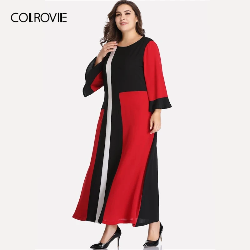 COLROVIE размера плюс красный цветной блок с воланом рукавом повседневное Макси платье-рубашка для женщин Весна офисное элегантное платье женские платья