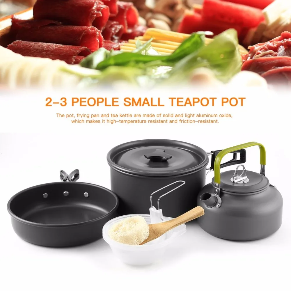 

2-3 Person Camping Cookware Cook Set Mini Non-stick Aluminum Pan Kettle Pot + Wooden Shovel + 3 Bowls + 3 Lid + Cleaning Sponge
