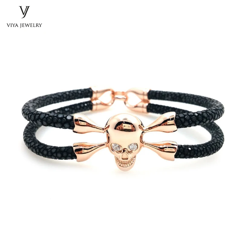 High end Men Skull Bracelet Luxury Genuine Stingray Skin Leather Bracelet Black Stingray With
