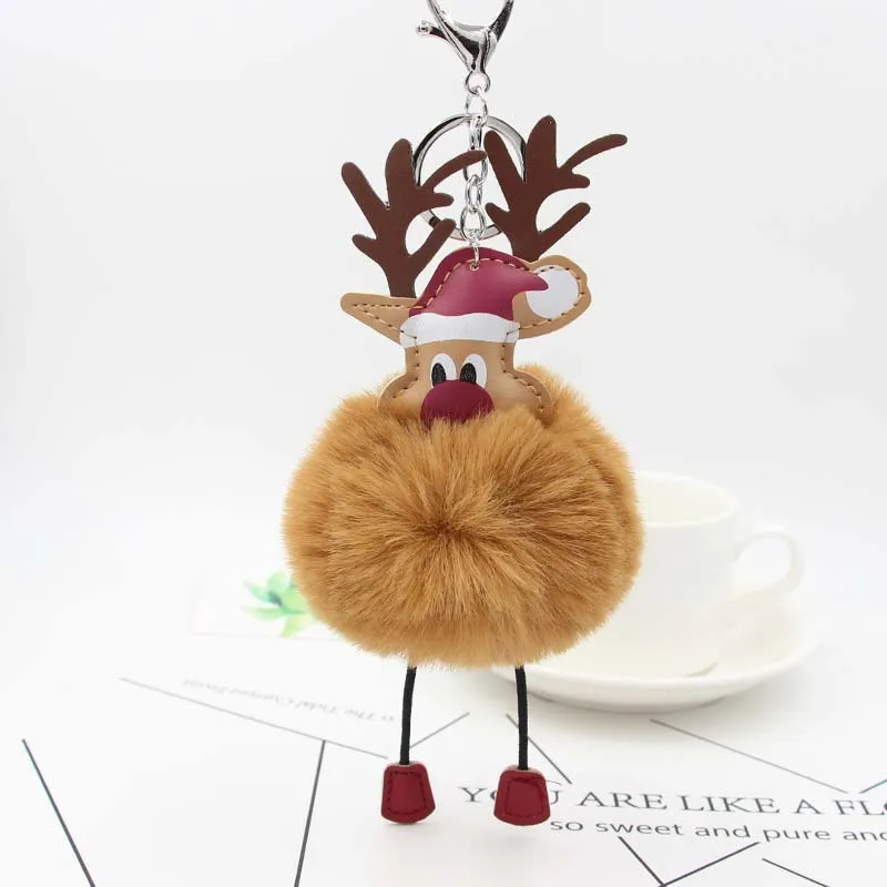 Помпон Рождественский олень Лось брелок Санта Клаус Брелок меховой шарик кулон брелок для женщин автомобиля сумки Pom Porte Clef Рождественский подарок - Цвет: coffee