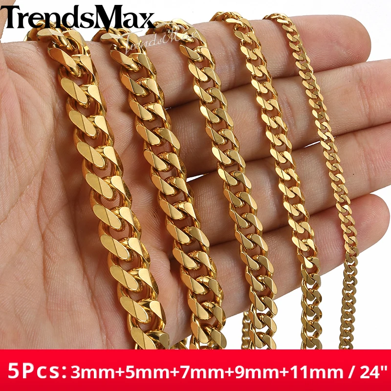 

3/5/7/9/11mm 24" Men's Necklace 5Pcs/Lot Stainless Steel Cuban Link Chain Gold Color Necklace for Men Wholesale Jewelry KNM08A